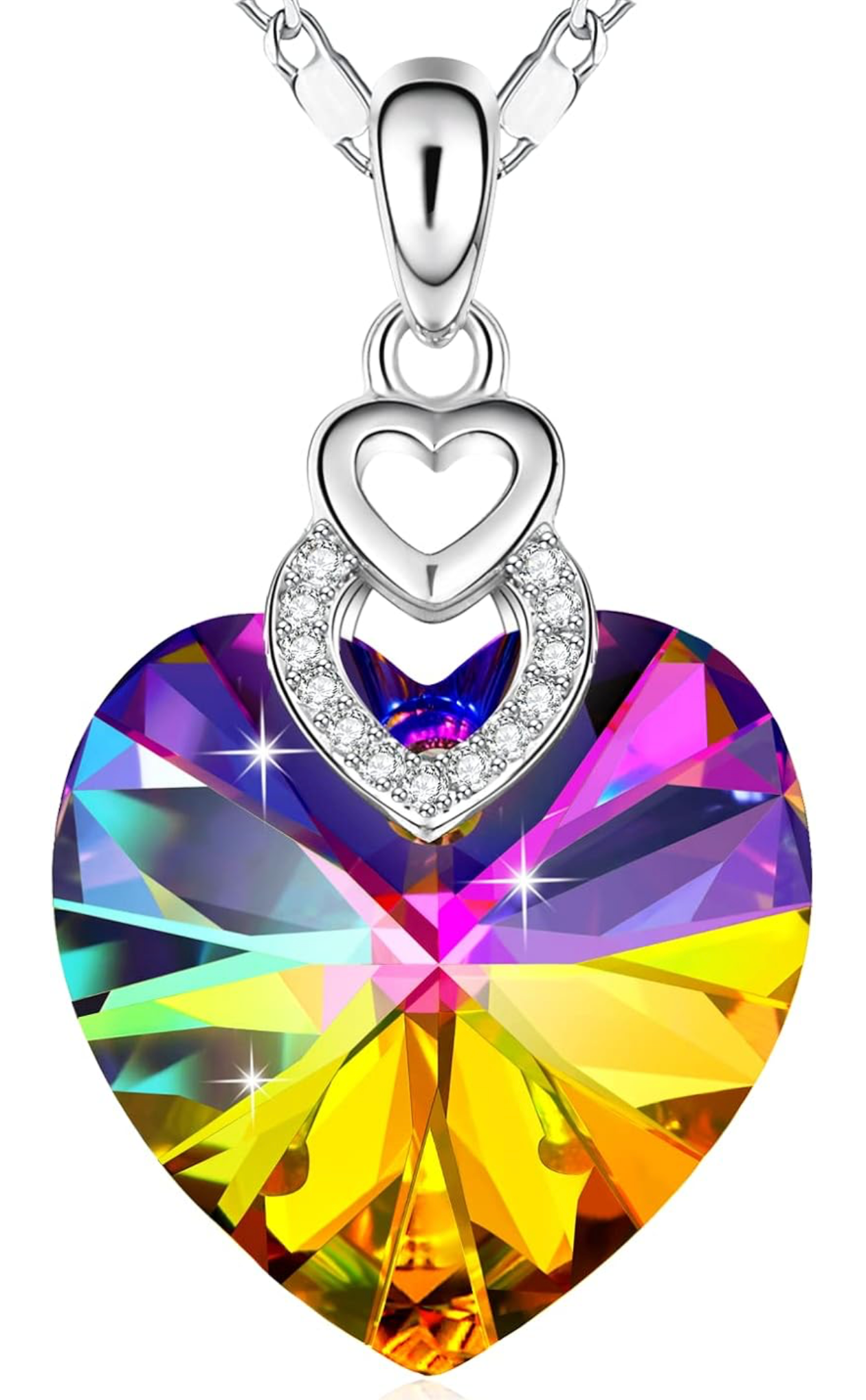 Rainbow Aurora Crystal Heart Necklace