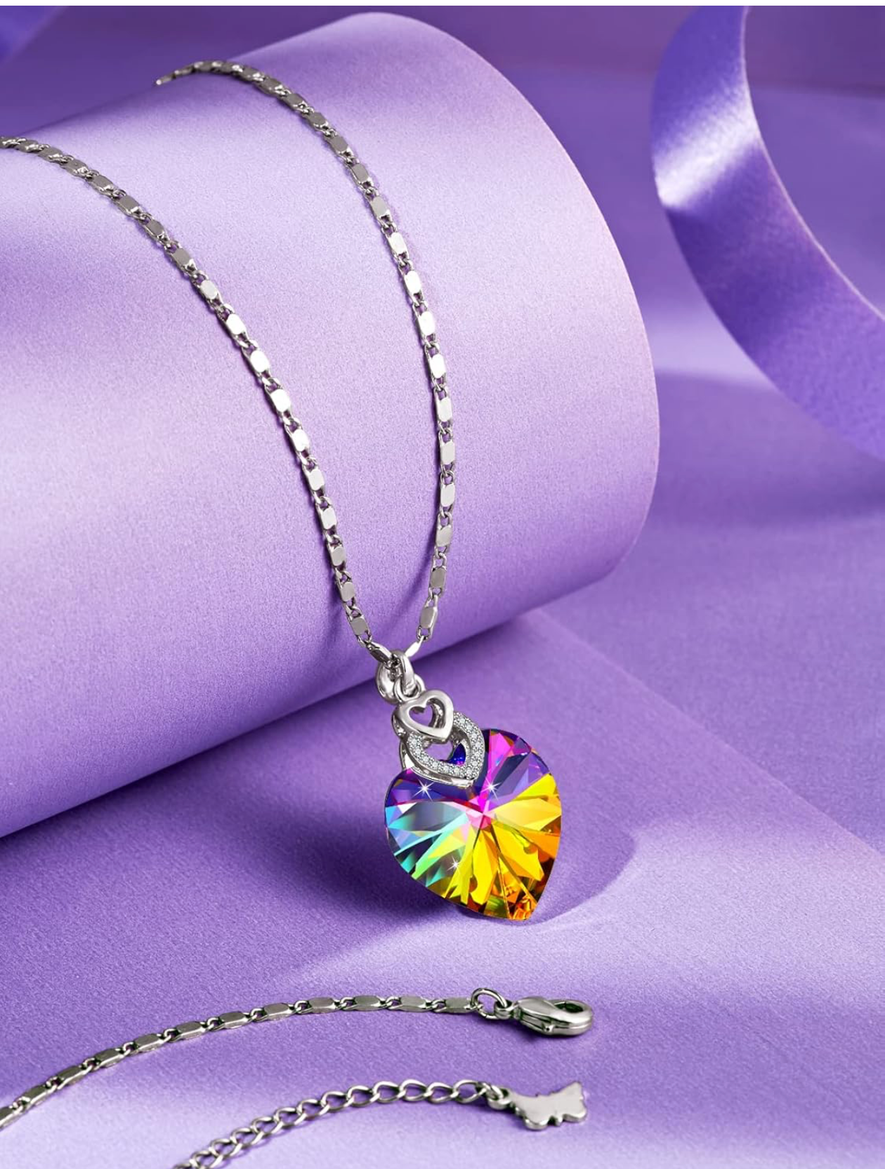 Rainbow Aurora Crystal Heart Necklace