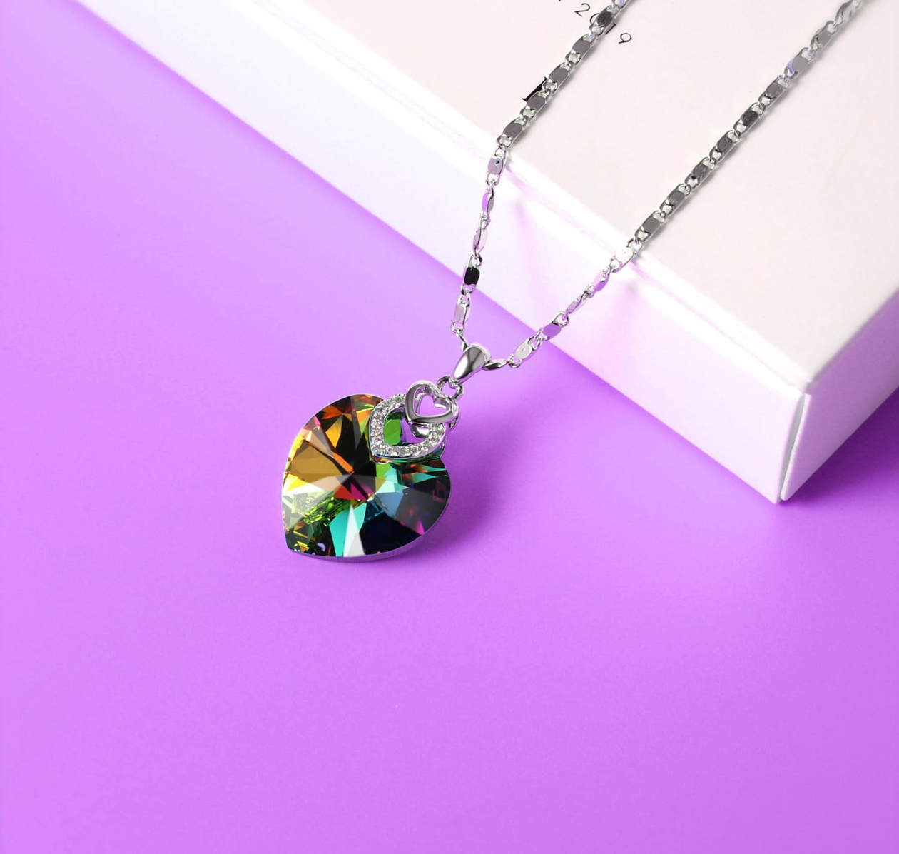 Rainbow Aurora Crystal Heart Necklace