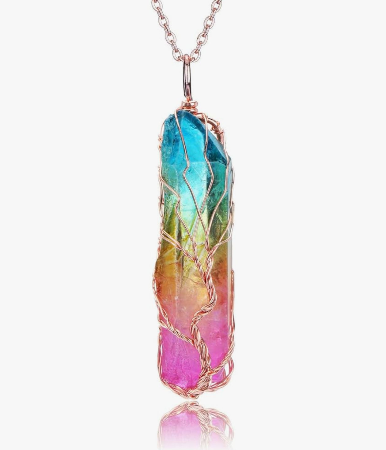 Rainbow Crystal Wire-Wrapped Tree of Life Necklace