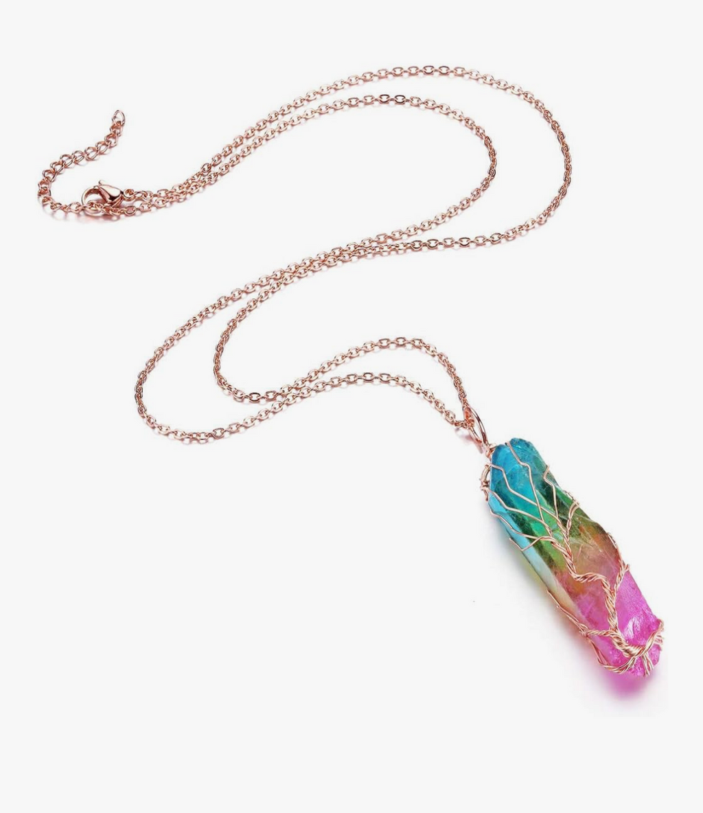 Rainbow Crystal Wire-Wrapped Tree of Life Necklace