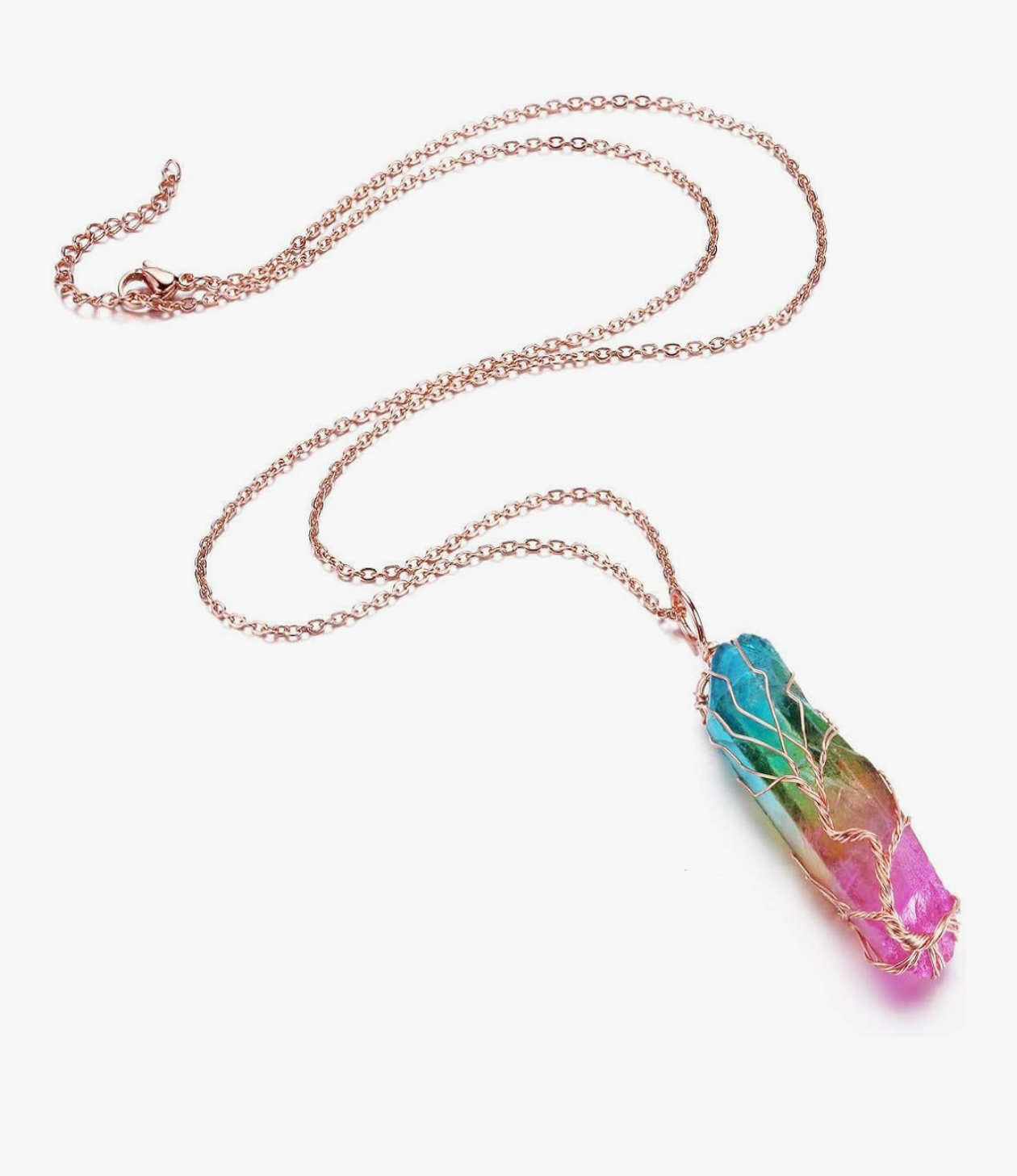 Rainbow Crystal Wire-Wrapped Tree of Life Necklace