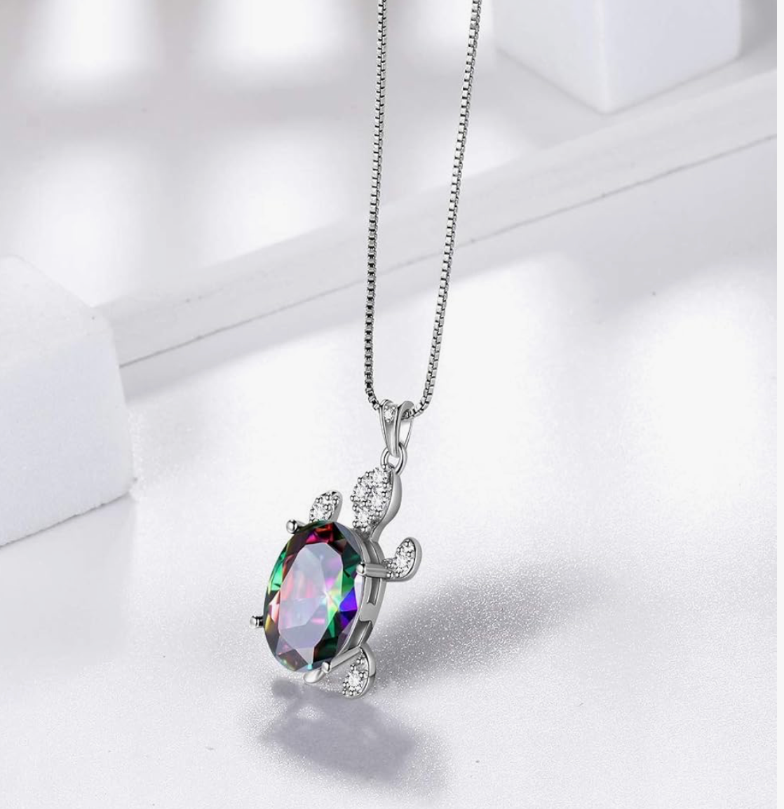 Rainbow Mystic Turtle Necklace – 925 Sterling Silver & AAA+