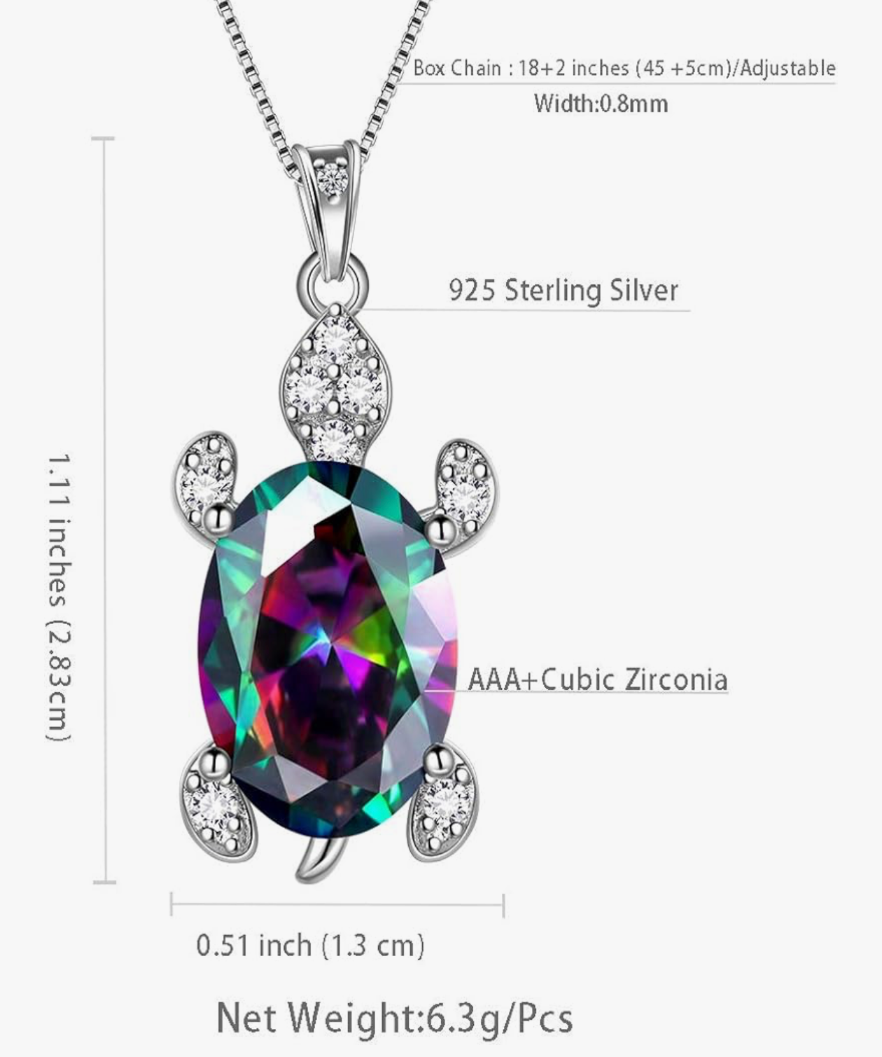 Rainbow Mystic Turtle Necklace – 925 Sterling Silver & AAA+