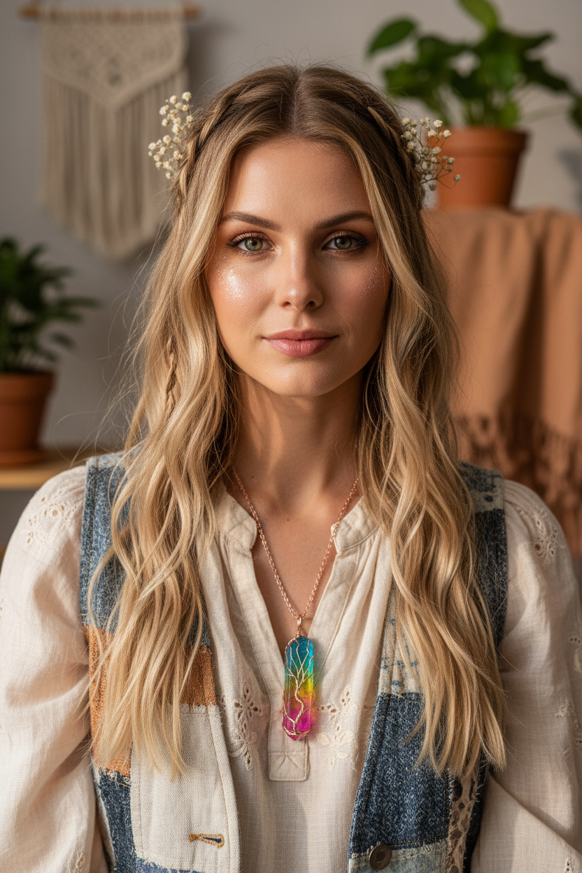 Female model wearing Rainbow Crystal Tree of Life Necklace